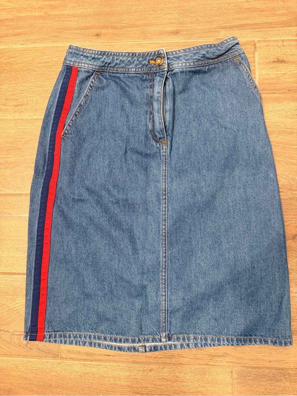Boden Denim Pencil Skirt with Red & Navy Side Stripe